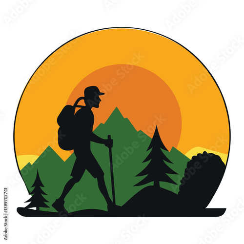 Silhouette of a man hiking vintage vector