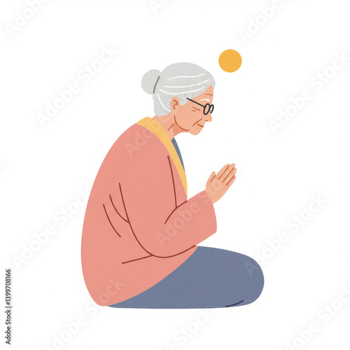 Gracious old woman with gray hair in prayer pose. Grandma with eyeglasses in retro style for greeting card, celebrating grandma's day or grandparent's day