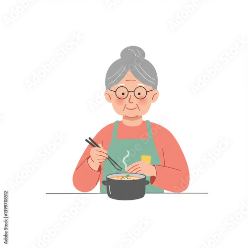 Woman cooking noodle soup in pot and filling a bowl. Female senior preparing meal for family. Cookbook illustration, healthy food recipes concept for restaurant