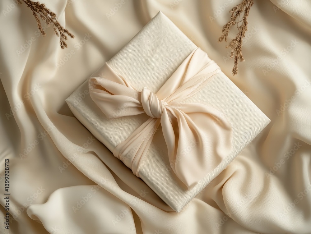 A beautifully wrapped gift box with a satin ribbon sits elegantly on a soft, textured fabric background.