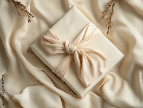 Obraz na płótnie A beautifully wrapped gift box with a satin ribbon sits elegantly on a soft, textured fabric background. w salonie