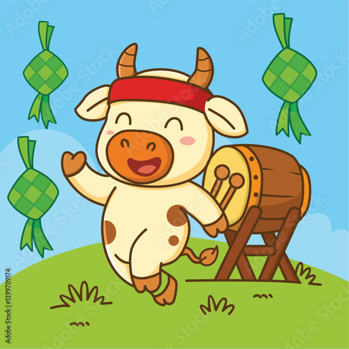 Happy Cartoon Cow Celebrating Eid al-Adha with Mosque,  Drum and Ketupat