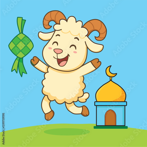 Happy Cartoon Goat Celebrating Eid al-Adha with Mosque and Ketupat