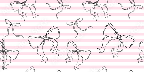 Seamless Bow Pattern with Pink Striped Background.Seamless pattern featuring hand-drawn black bow vector illustrations on a soft pink and white striped background