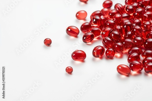 Red Soft Gel Capsules Scattered on White Background for Health Products