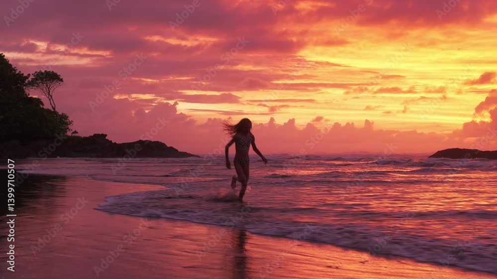 A young girl joyfully runs along the beach at sunset, capturing vibrant sky colors and stunning water reflections, creating a picturesque tropical scene that radiates joy and liveliness A young girl joyfully runs along the beach at sunset, capturing vibrant sky colors and stunning water reflections, creating a picturesque tropical scene that radiates joy and liveliness