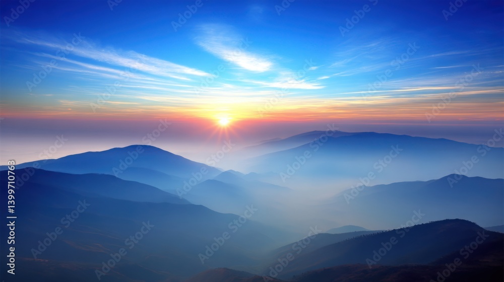 Fototapeta premium Breathtaking sunset over mountain range signifying usa china financial mist splitting over a golden horizon