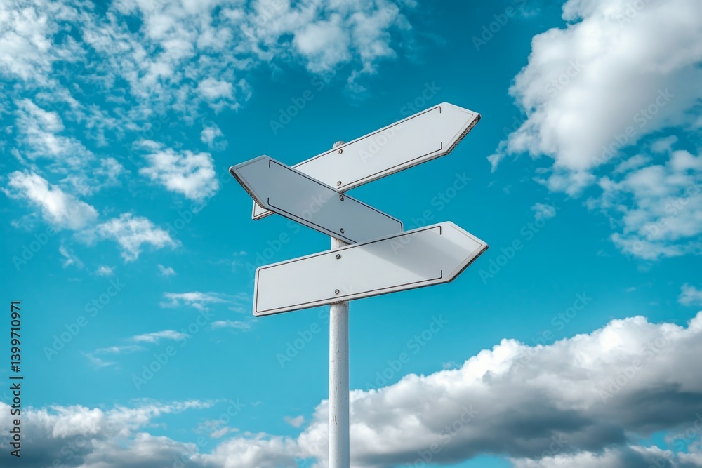Blank directional signs against a partly cloudy sky