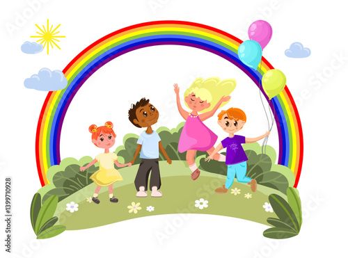 Group of happy children playing outdoors under rainbow . Vector illustration for concepts of childhood, friendship, diversity joy, education,posters, storybooks, school materials,kids related websites