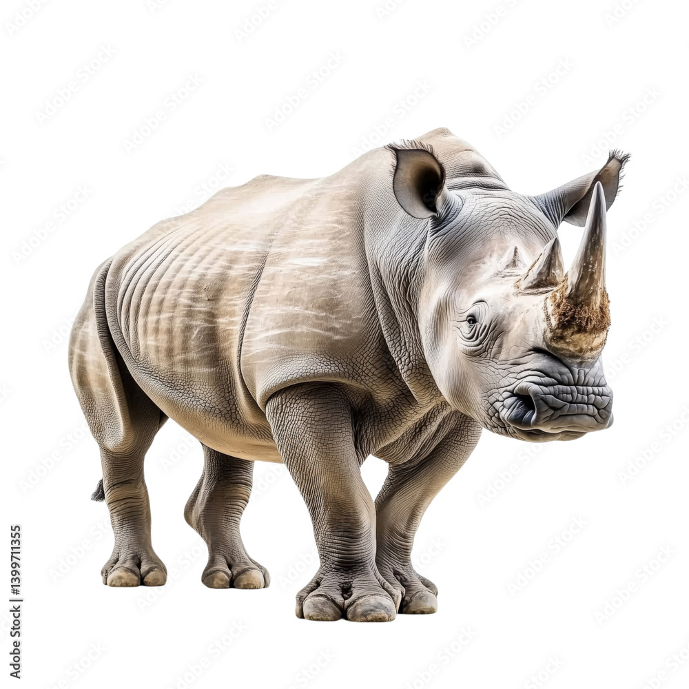 Fototapeta premium a rhinoceros isolated on white background, perfect for educational or wildlife-themed projects.