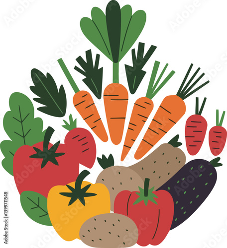 This is a vibrant flat vector illustration showcasing a colorful and bountiful arrangement of fresh vegetables.