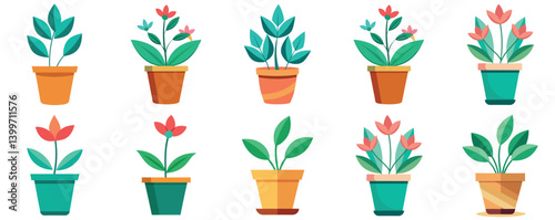 Collection of twelve potted plants with various vector illustration flowers and leaves in different colored pots