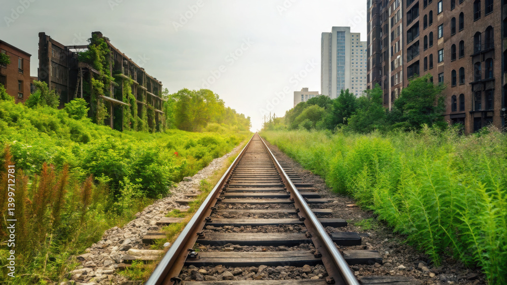 Obraz premium abandoned railway tracks symbolize great journey through landscape touched by depression and nature resilience