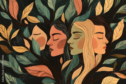 Künstlerische Frauenporträts mit Blättern