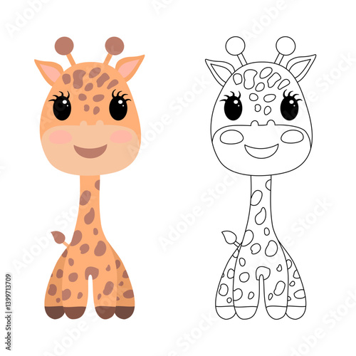 Cute cartoon baby giraffe in color and matching black-and-white outline version, ideal for kids' coloring books, educational designs, and nursery art.