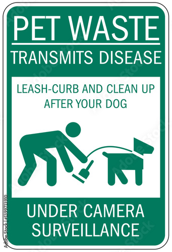 Dog poop sign pet waste transmits disease. Leash-curb and clean up after your dog. Under camera surveillance