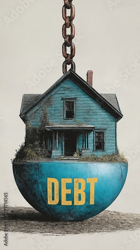 Old obsolete house chained to a heavy ball labeled Debt dragging it down. Weight of mortgage concept