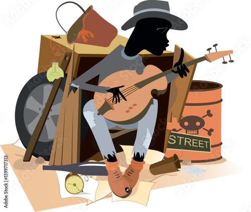 Hungry and chilled homeless plays guitar. 
Sad African beggar with guitar sits on the disposal dump and sings

