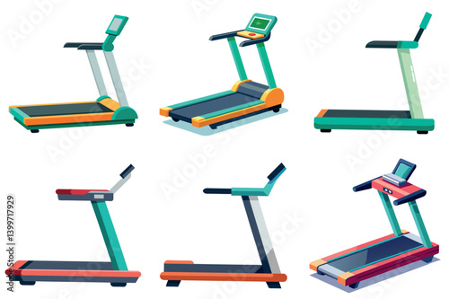Collection of Six Different Colorful vector illustration Treadmills for Fitness and Exercise Equipment