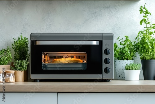 A toaster oven on a kitchen counter with ample space for text on the right