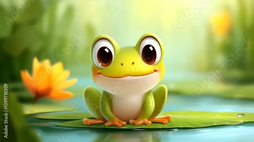 Cute cartoon frog sitting on a lily pad with flowers in a tranquil pond scene, joyful expression and bright colors
