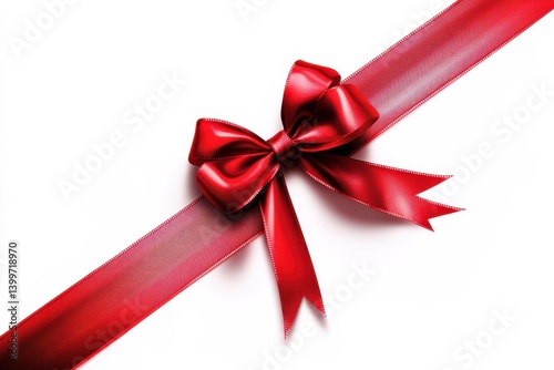 Red diagonal ribbon with a bow over a white background