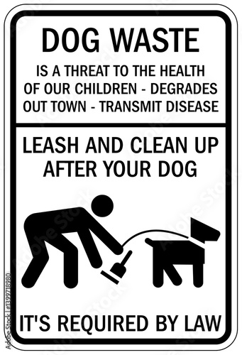 Dog poop sign dog waste is a threat to the health of our children, degraded out town, transmit disease. Leash and clean up after your dog. It's required by law