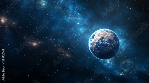 Fototapeta Naklejka Na Ścianę i Meble -  A view of planet earth from space with a nebula and stars in the background and a blue glow around it