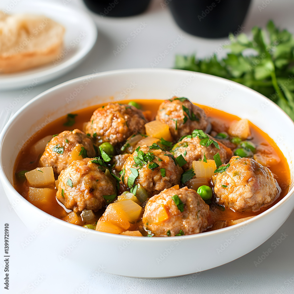 Cooking spanish albondigas in a cozy kitchen hearty meatball stew on a white table Cooking spanish albondigas in a cozy kitchen hearty meatball stew on a white table