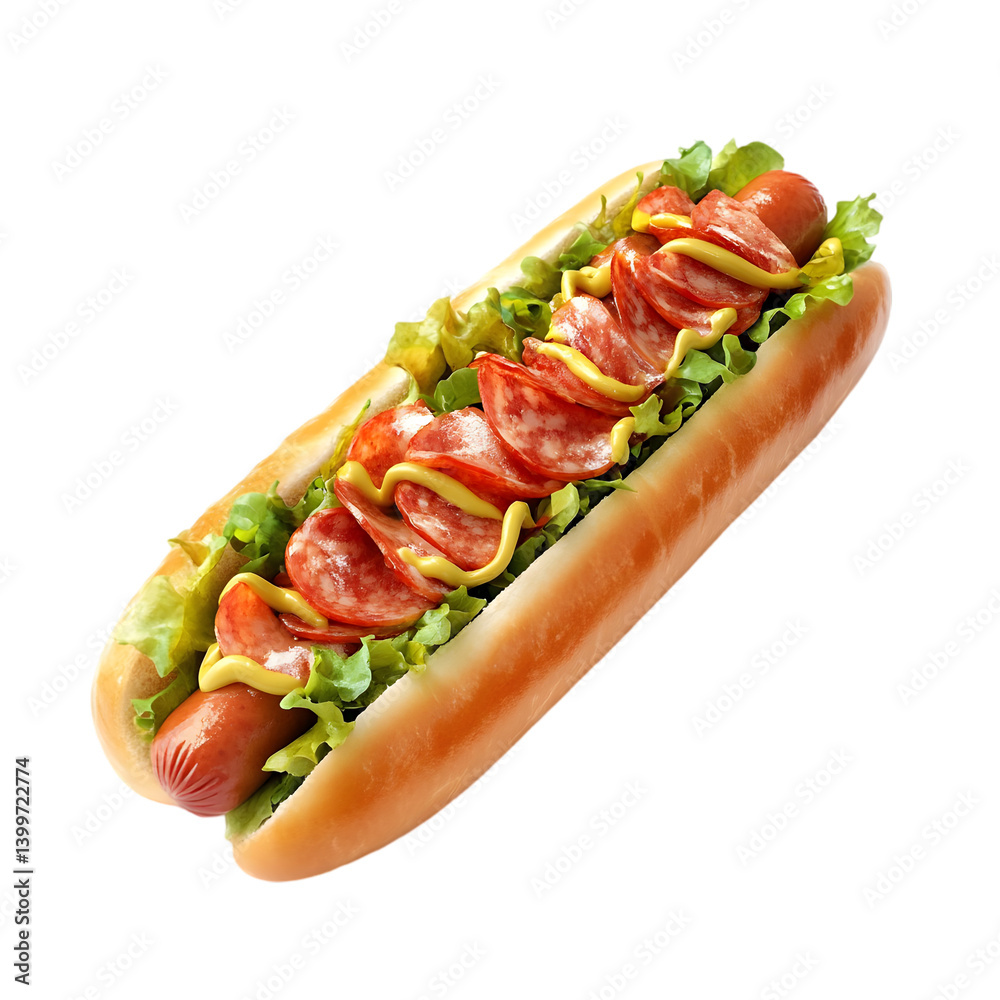 A hot dog with salami and mustard, a tasty and satisfying meal. A hot dog with salami and mustard, a tasty and satisfying meal.
