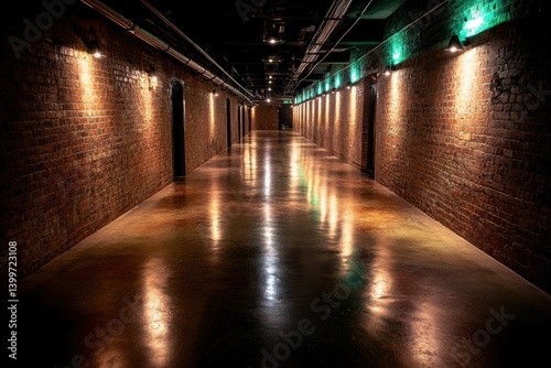 Long, dark brick corridor with reflecting floor