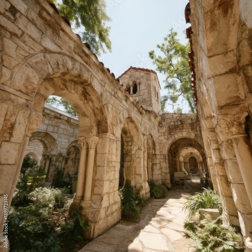 Tranquil Mediterranean Courtyard  Stone Archways  Lush Landscaping  Sunny Day