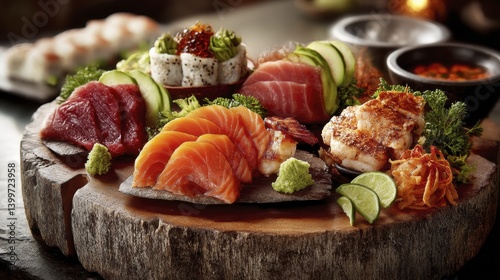 Variety of sashimi pieces artfully arrang-3 - background japanese bowl sushi view