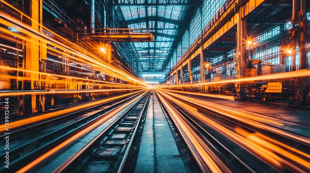 Industrial railway tracks with motion blur.  Intense speed and activity within a large factory setting