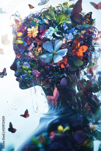 Porträt einer Frau mit floraler Krone und Schmetterlingen