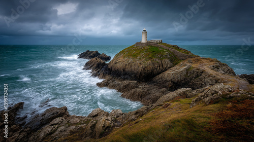Coastal Lighthouse on Grassy Cliff Above Crashing Waves