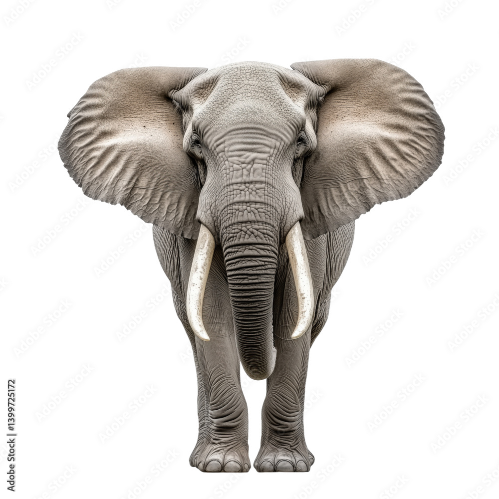 Obraz premium a majestic elephant with large tusks, isolated on white background, ideal for educational and design use.
