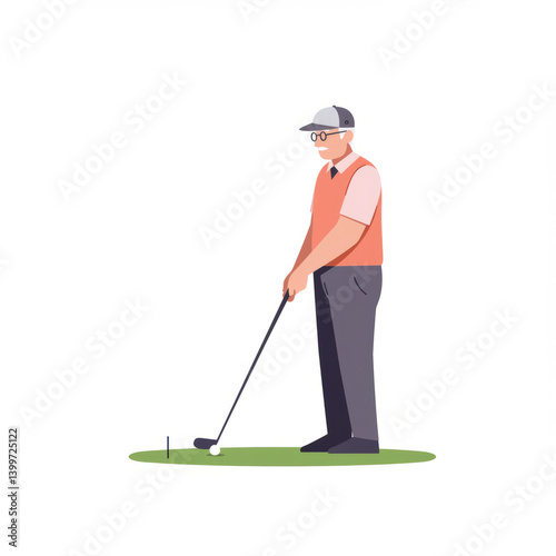 Old man playing golf on the green near the hole with a flag. Sports competition concept illustration for golfing event, retirement activity, or active seniors lifestyle.