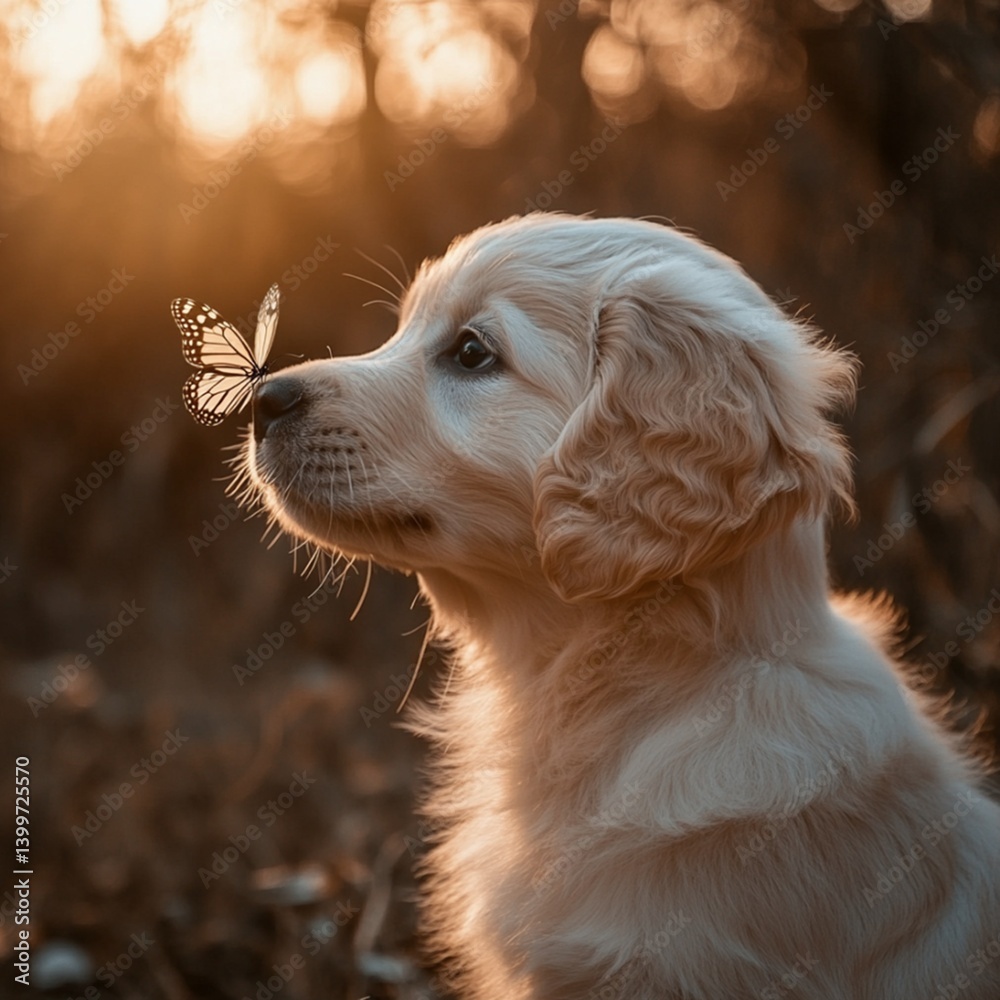 golden retriever dog with butterfly landing on its nose, garden background, image with copyspace golden retriever dog with butterfly landing on its nose, garden background, image with copyspace