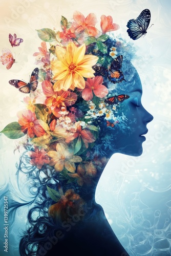 Schmetterlinge umkreisen Frauensilhouette mit Blüten