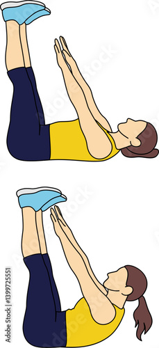 Woman in Fitness Clothes Performing Abdominal Crunch Exercise. Female Cartoon Character Doing Toe Touch Crunch During Aerobics Workout. Vector Illustration.