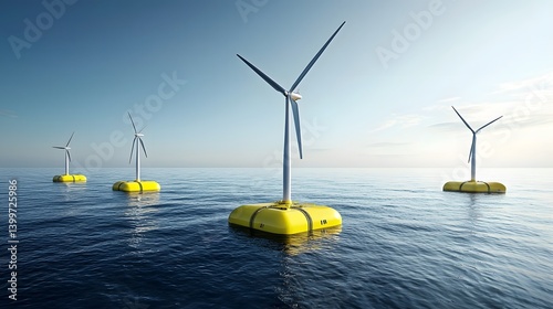 Floating wind turbines installed on offshore platforms generating clean renewable electricity by harnessing the power of the sea  Sustainable energy infrastructure for a greener future