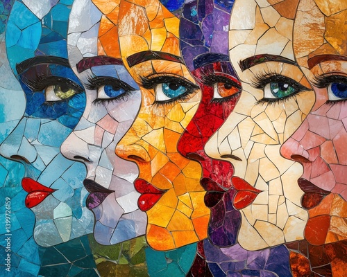 Farbintensive Mosaikdarstellung weiblicher Gesichter