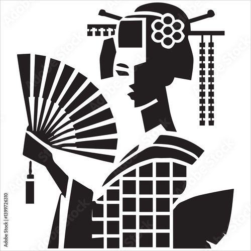 graceful geisha in traditional attire, adorned with flowers and hairpins, holding a decorative fan sketch engraving