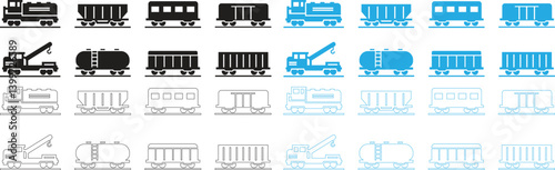 locomotive and wagon icon collection. train and railway freight cars۔passenger train icons collection. Black silhouette of freight trains collection. Set of railway transport train icon sign vector