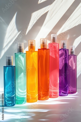 Collection of assorted shampoo bottles in vivid colors, white backdrop, highkey lighting, product layout style photo