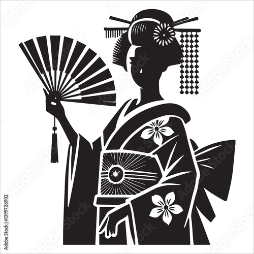 graceful geisha in traditional attire, adorned with flowers and hairpins, holding a decorative fan sketch engraving