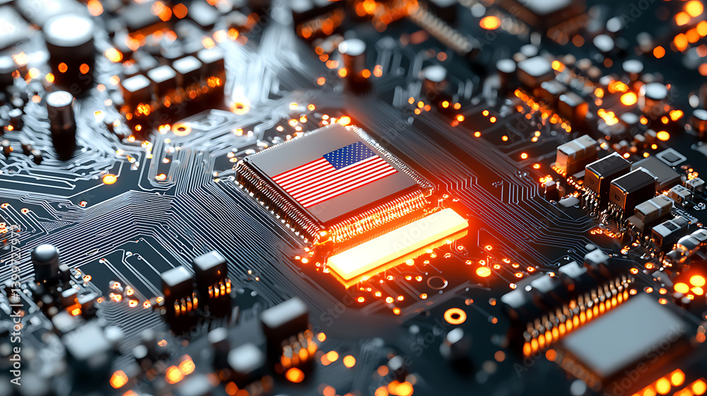 Innovative circuit board technology featuring american flag motif close-up high-tech environment futuristic concept Innovative circuit board technology featuring american flag motif close-up high-tech environment futuristic concept