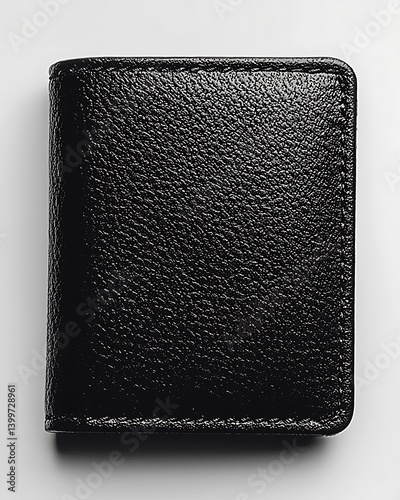 A minimalist, professional shot of a single black leather wallet on a clean white background, emphasizing high-quality texture with soft lighting to highlight its luxurious finish and sharp details.
