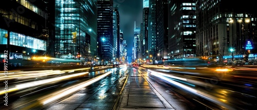 Night City Street, Traffic, Skyscrapers, Rain, Background